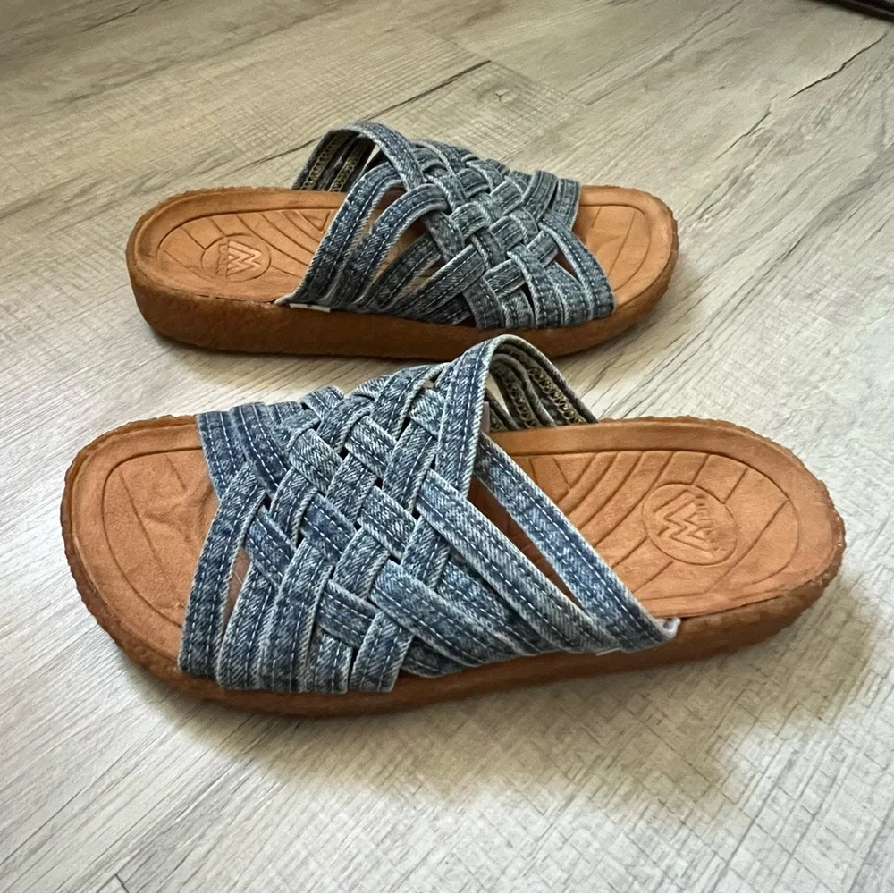 orSlow x MALIBU SANDALS Zuma Washed Indigo Denim Crepe Blue Woven Slide Sandals
